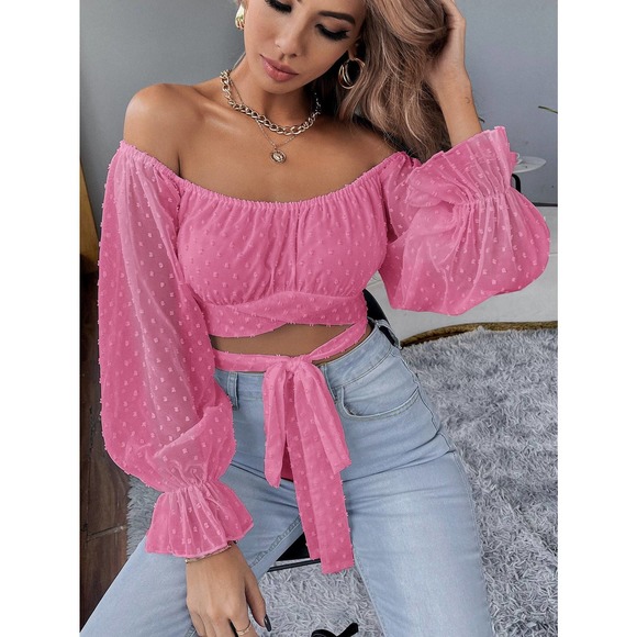 Swiss Dot Tie Front Crop Top long sleeve blouse boho hot pink